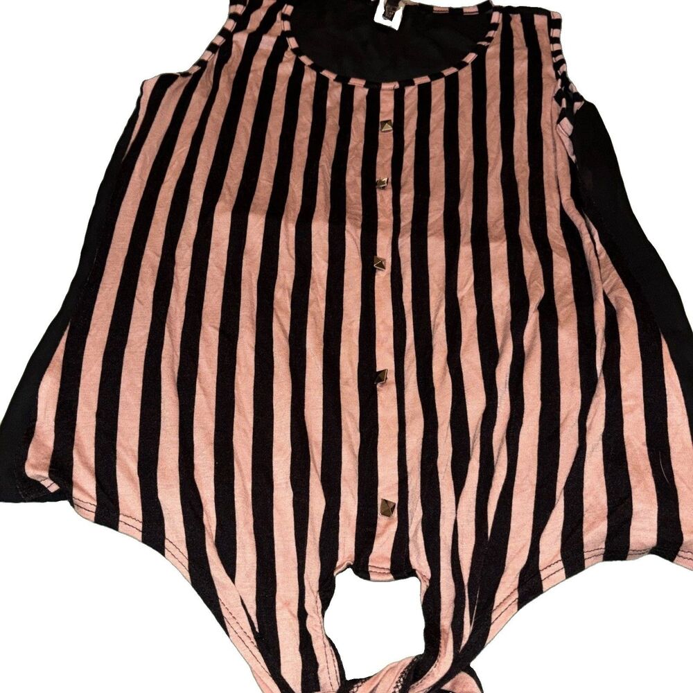 Julia Women's Pink Black Striped Tank top  Shear Back And Silver Stud Buttons L